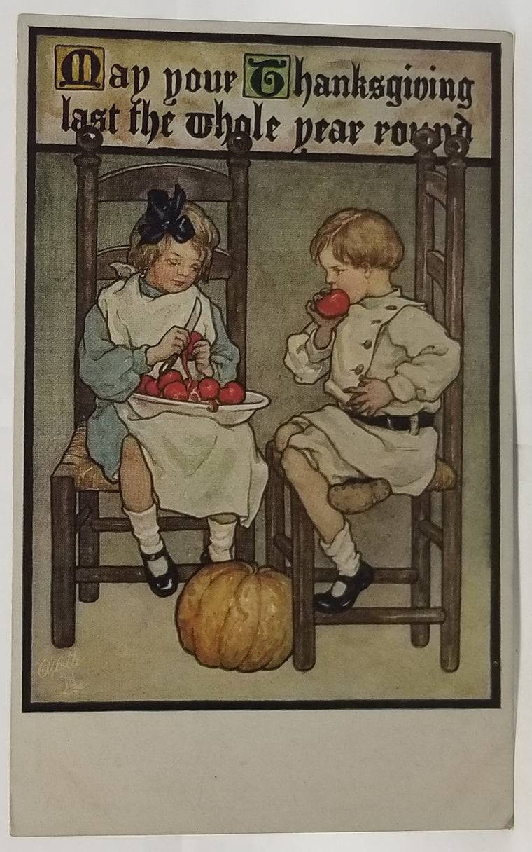 Thanksgiving Postcard Raphael Tuck Series 808 Oilette Little Girl Peeling Apples for Pie While Brother Eats Them