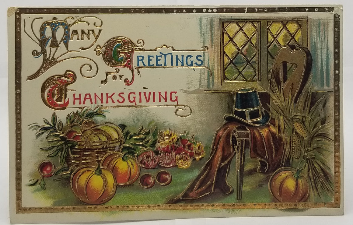 Thanksgiving Postcard Pilgrim's Hat & Cloak on Chair in Autumn Themed Window with Harvest and Gold Highlights