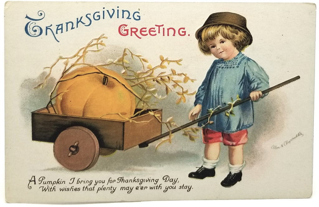 Thanksgiving Postcard Artist Ellen Clapsaddle Boy Pulling Wagon with Large Pumpkin Series 1311