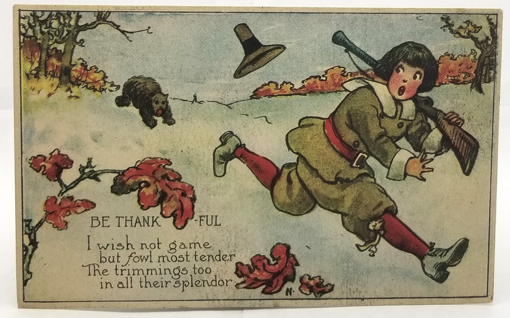 Thanksgiving Postcard Pilgrim Boy with Pop Gun Running From Bear Through Autumn Leaves