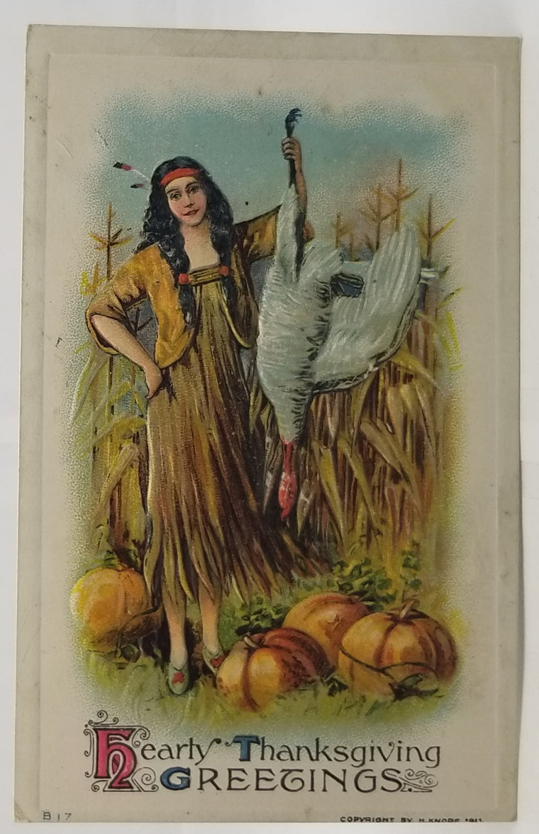 Thanksgiving Postcard Native American Indian Maiden Holding White Turkey Embossed Card