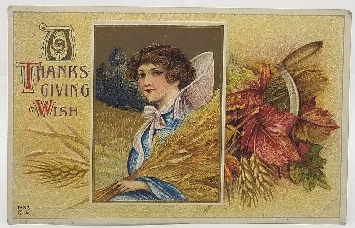 Thanksgiving Postcard Woman Pilgrim in Blue Dress with Bonnet Holding Hay with Autumn Fall Harvest Theme Nash Pub