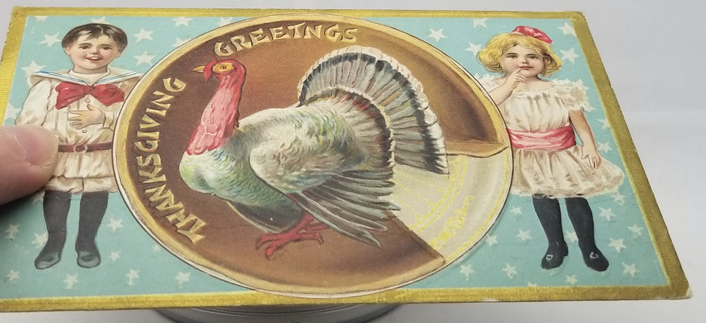 Thanksgiving Postcard Children Dressed For Holiday Feast Center Turkey with Gold Highlights Series 1