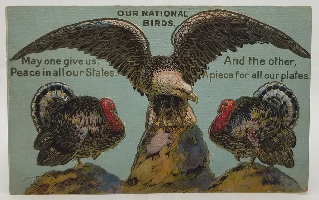 Thanksgiving Postcard Eagle & Turkeys Our National Birds Peace and Plates Gold Highlights