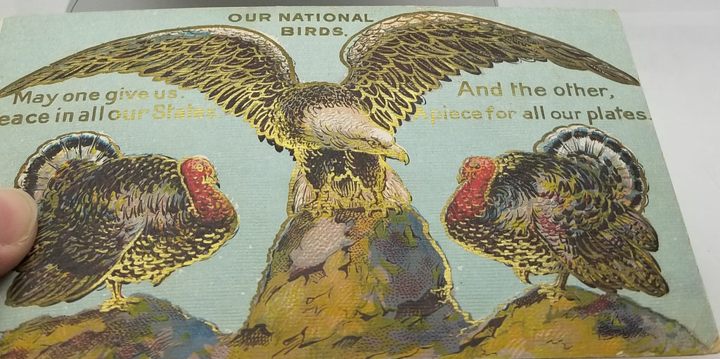 Thanksgiving Postcard Eagle & Turkeys Our National Birds Peace and Plates Gold Highlights