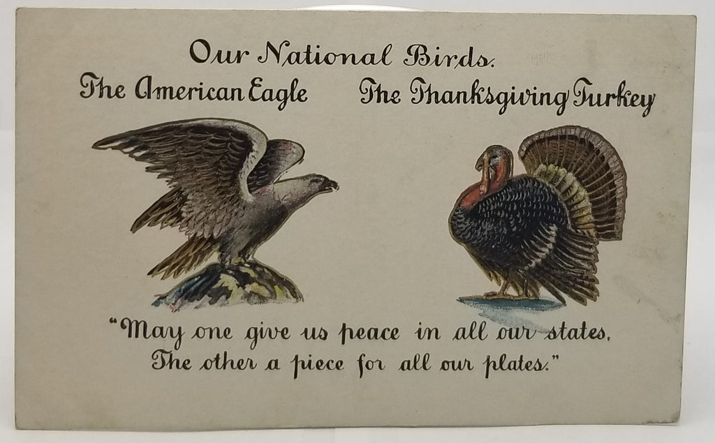 Thanksgiving Postcard Eagle & Turkey Our National Birds Peace and Plates