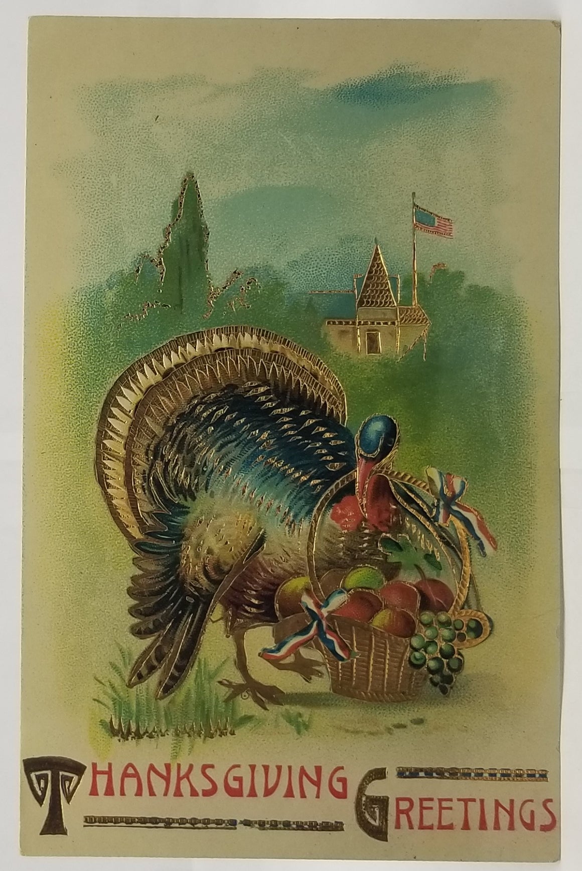 Thanksgiving Postcard Patriotic Themed Turkey Holding Basket of Fruit Flag Flying Gold Highlights Series 445 Germany