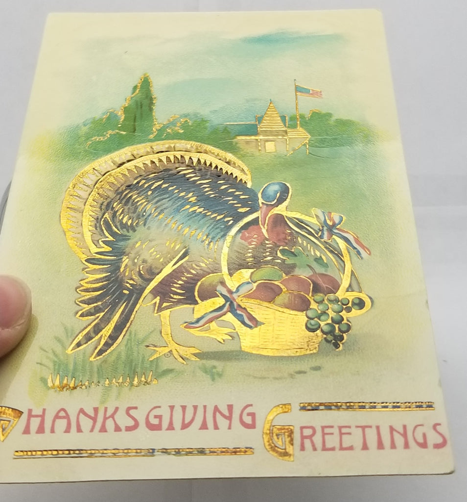 Thanksgiving Postcard Patriotic Themed Turkey Holding Basket of Fruit Flag Flying Gold Highlights Series 445 Germany