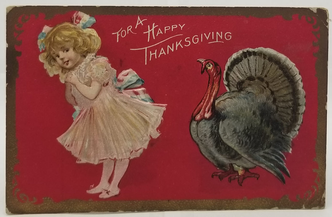 Thanksgiving Postcard Little Girl with Patriotic Ribbons Standing with Turkey Red Background Gold Border