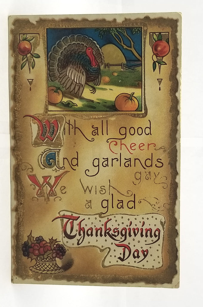 Thanksgiving Postcard Gold Embossed Art Crafts Style Gel Finish Turkey & Harvest