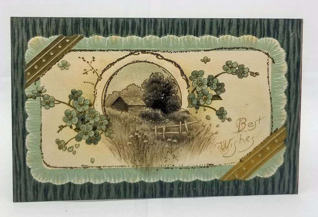 Embossed Green & Gold Best Wishes Postcard with Farm and Flowers