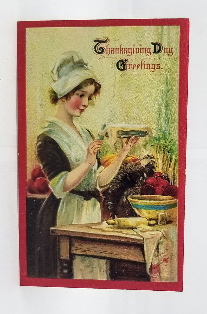 Thanksgiving Postcard Artist Brundage Pilgrim Maiden Making Pie Series 130