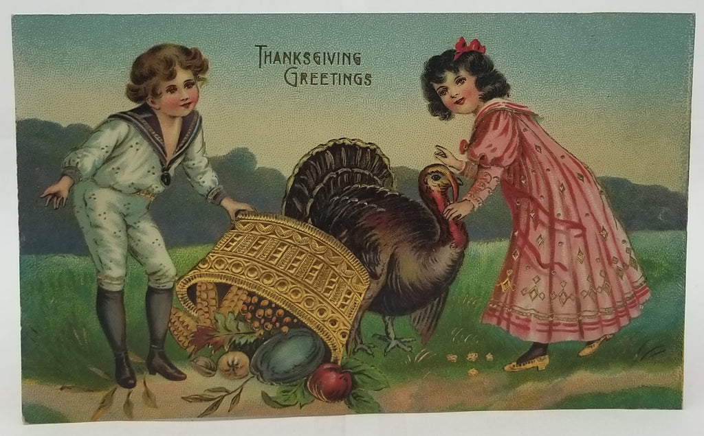 Thanksgiving Postcard Children with Turkey Overspilled Harvested Food Gold Highlights Made in Germany B16 Series