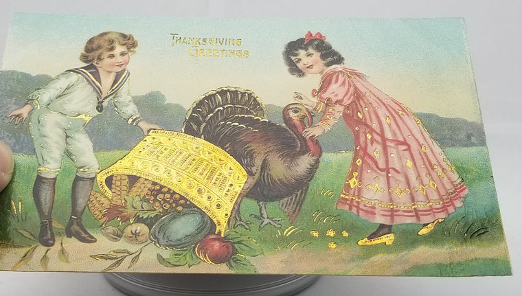 Thanksgiving Postcard Children with Turkey Overspilled Harvested Food Gold Highlights Made in Germany B16 Series