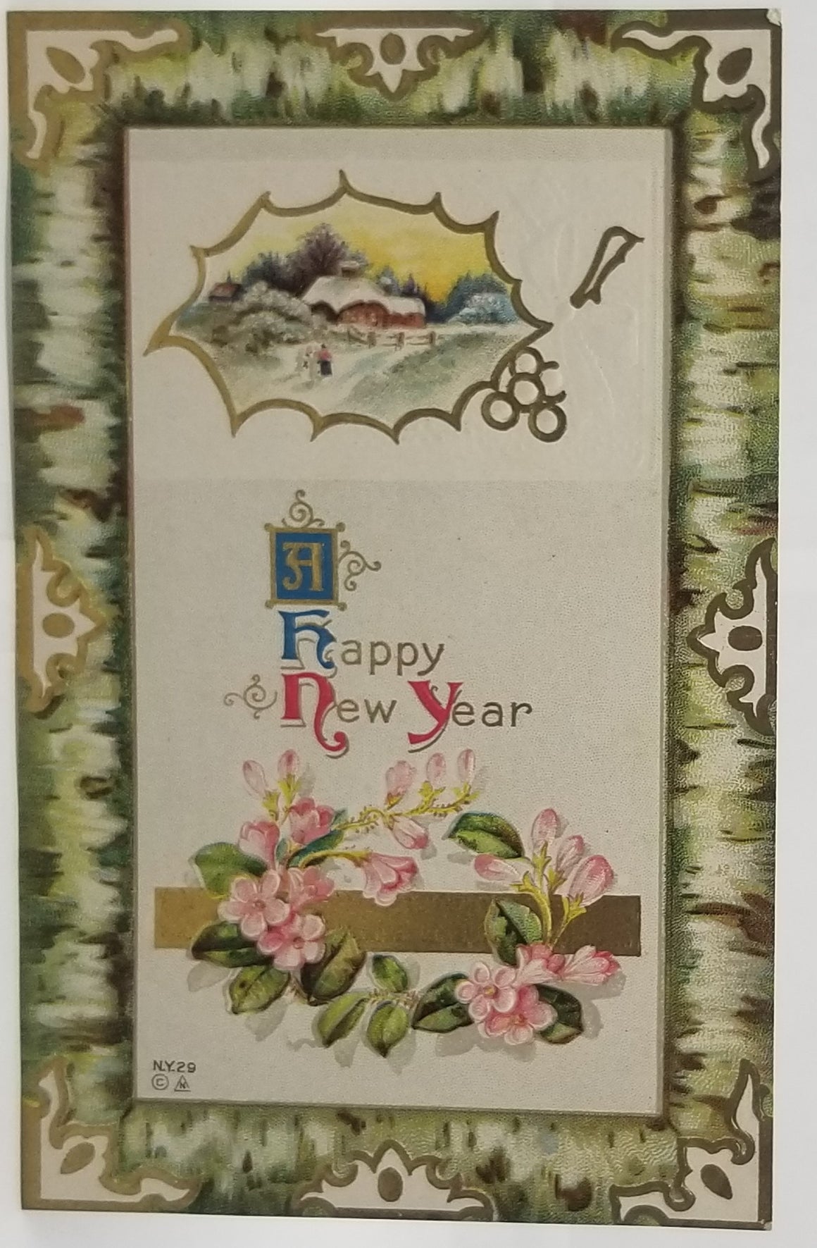 New Year Postcard Gold Highlighted Pink Flowers Green Border Nash Publishing NM