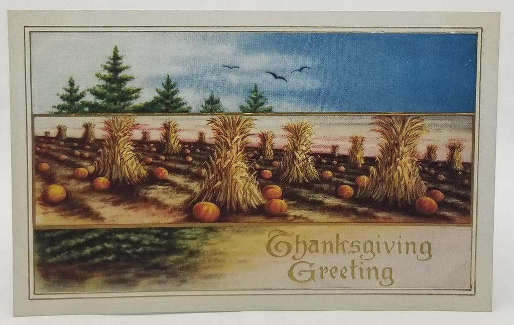 Thanksgiving Postcard Embossed Haystacks Field in Blue Sky with Birds Flying Gold Highlights