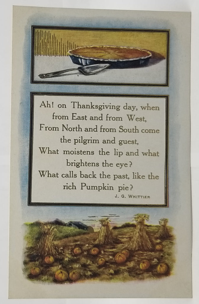 Thanksgiving Postcard Arts Craft Style Pumpkin Pie with Haystack Field and Poem by Wittier