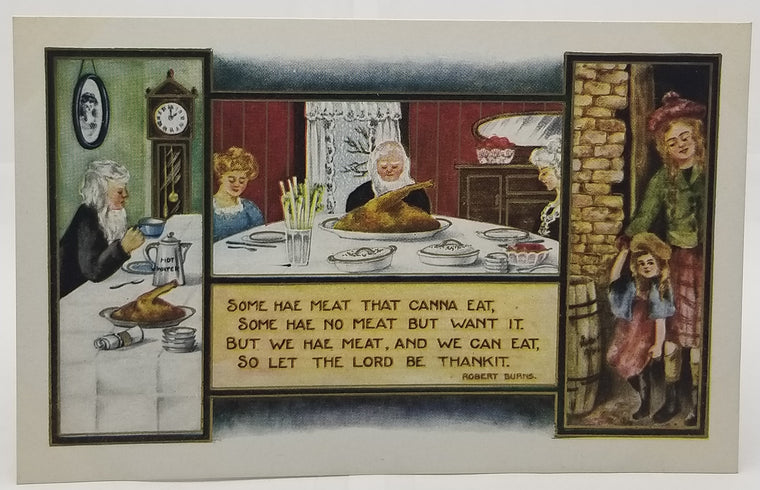 Thanksgiving Postcard Embossed with Family Seated for Dinner Robert Burns Poem Children Man with White Beard