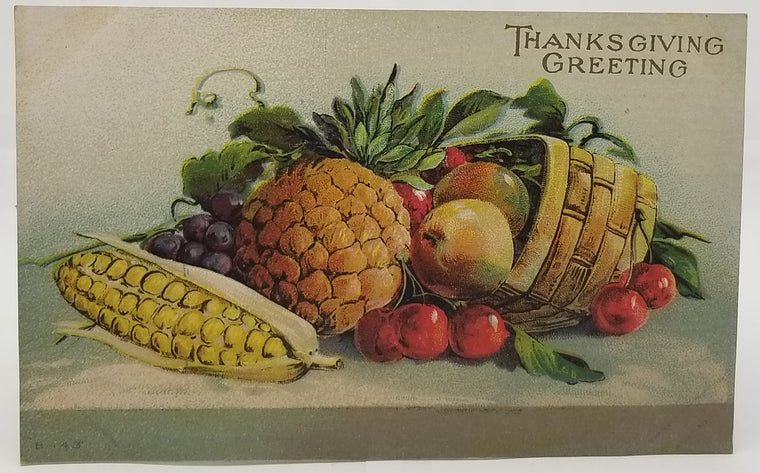 Thanksgiving Postcard Basket of Fall Harvested Fruit Vegetables Corn Garden Goodies