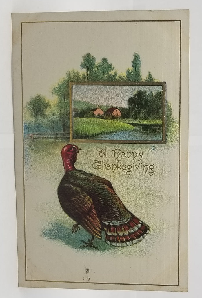 Thanksgiving Postcard Turkey with Country Farm House Near Water Gold Highlights Series 82 JJ Marks Pub