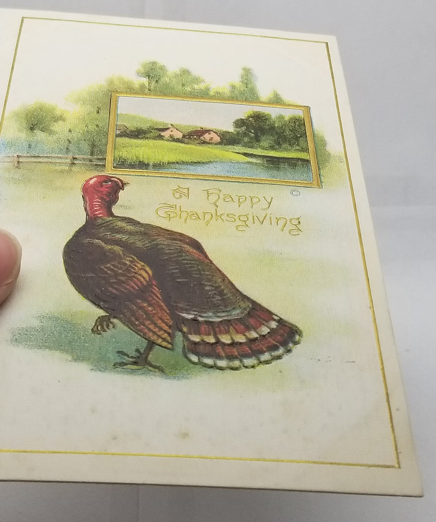 Thanksgiving Postcard Turkey with Country Farm House Near Water Gold Highlights Series 82 JJ Marks Pub