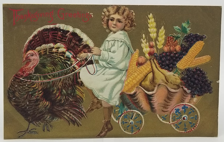 Thanksgiving Postcard Little Girl Riding Wagon Full of Food Pulled By Turkey