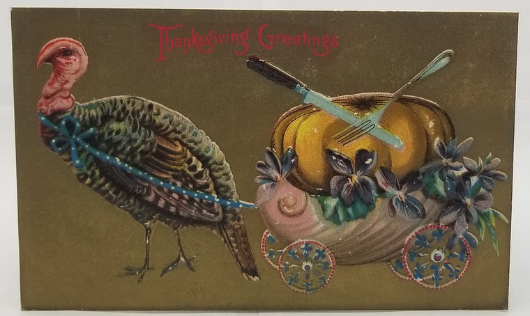 Thanksgiving Postcard Turkey Pulling Wagon Carrying Large Pumpkin with Flowers Embossed Card