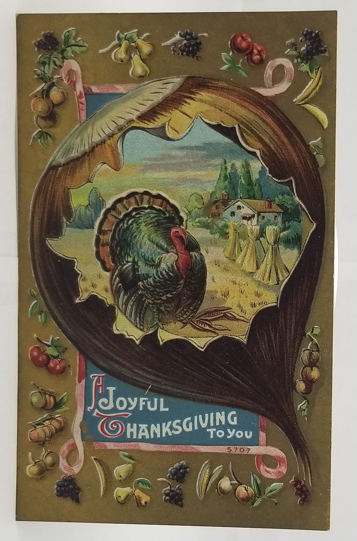 Thanksgiving Postcard Turkey with Haystacks Farm with Crops and Harvest Food in Gourd