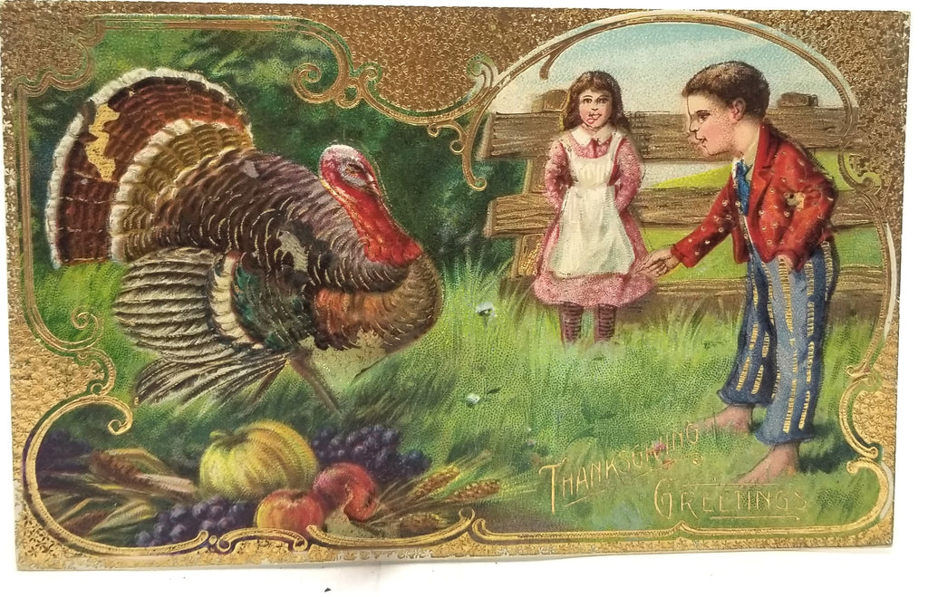 Thanksgiving Postcard Patriotic Themed Boy in Red White Blue Suit Gold Stars with Giant Turkey Bird Gold Highlights Gel Finish