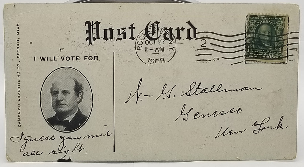 Political Postcard 1908 William Jennings Bryan Campaign Card Full Dinner Pail