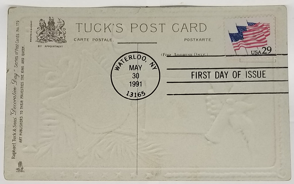 Patriotic Postcard Tuck 179 Decoration Day w/ 1991 Memorial Day 125th Anniversary First Issue Stamp in Waterloo