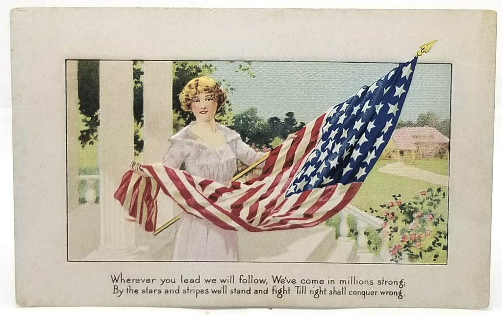Patriotic Postcard WWI Woman Holding American Flag Series 252