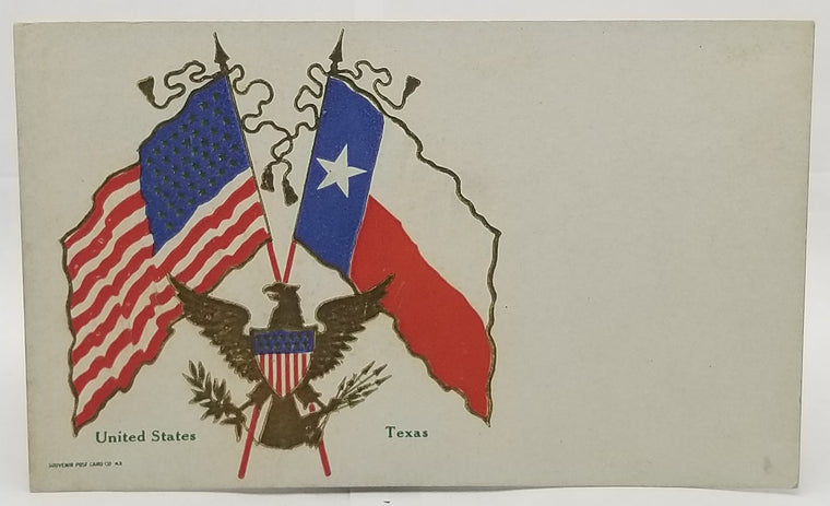 Patriotic Postcard United States & Texas Flags Gold Embossed with Eagle Early Souvenir Card