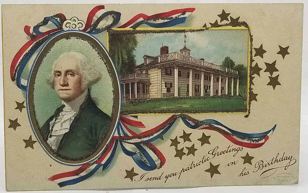 Patriotic Postcard President George Washington Portrait Red White Blue Ribbons Mount Vernon 1909