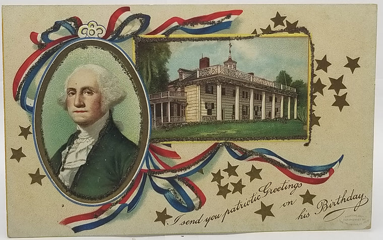 Patriotic Postcard President George Washington Portrait Red White Blue Ribbons Mount Vernon 1909