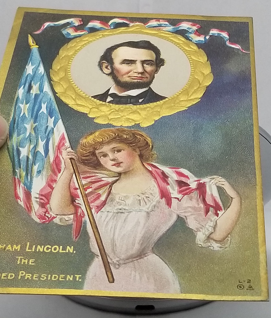 Patriotic Postcard Abraham Lincoln The Martyred President Woman Holding American Flag Nash Publishing