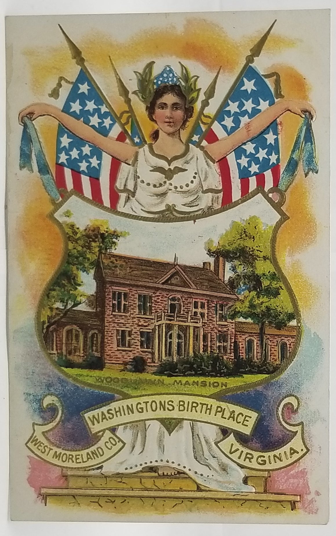 Patriotic Postcard President George Washington's Birthplace Westmoreland VA Lady Liberty with American Flags