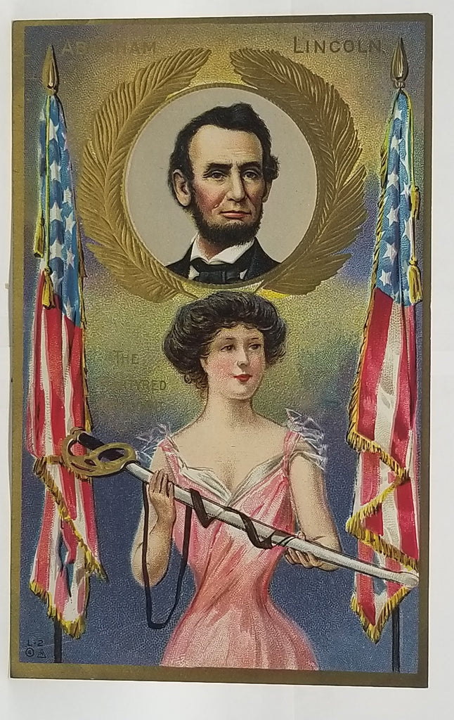 Patriotic Postcard Abraham Lincoln The Martyred President Woman Holding Sword American Flags on Sides Nash Publishing