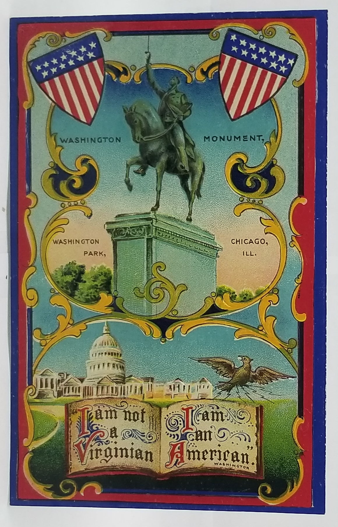 Patriotic Postcard President Washington Monument and Capital Building with American Flag Shields Unused Gel Type Embossed Finish