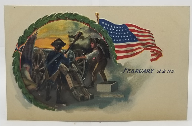 Patriotic Postcard President Washington Birthday Feb 22nd Series 2228 Men and Cannon