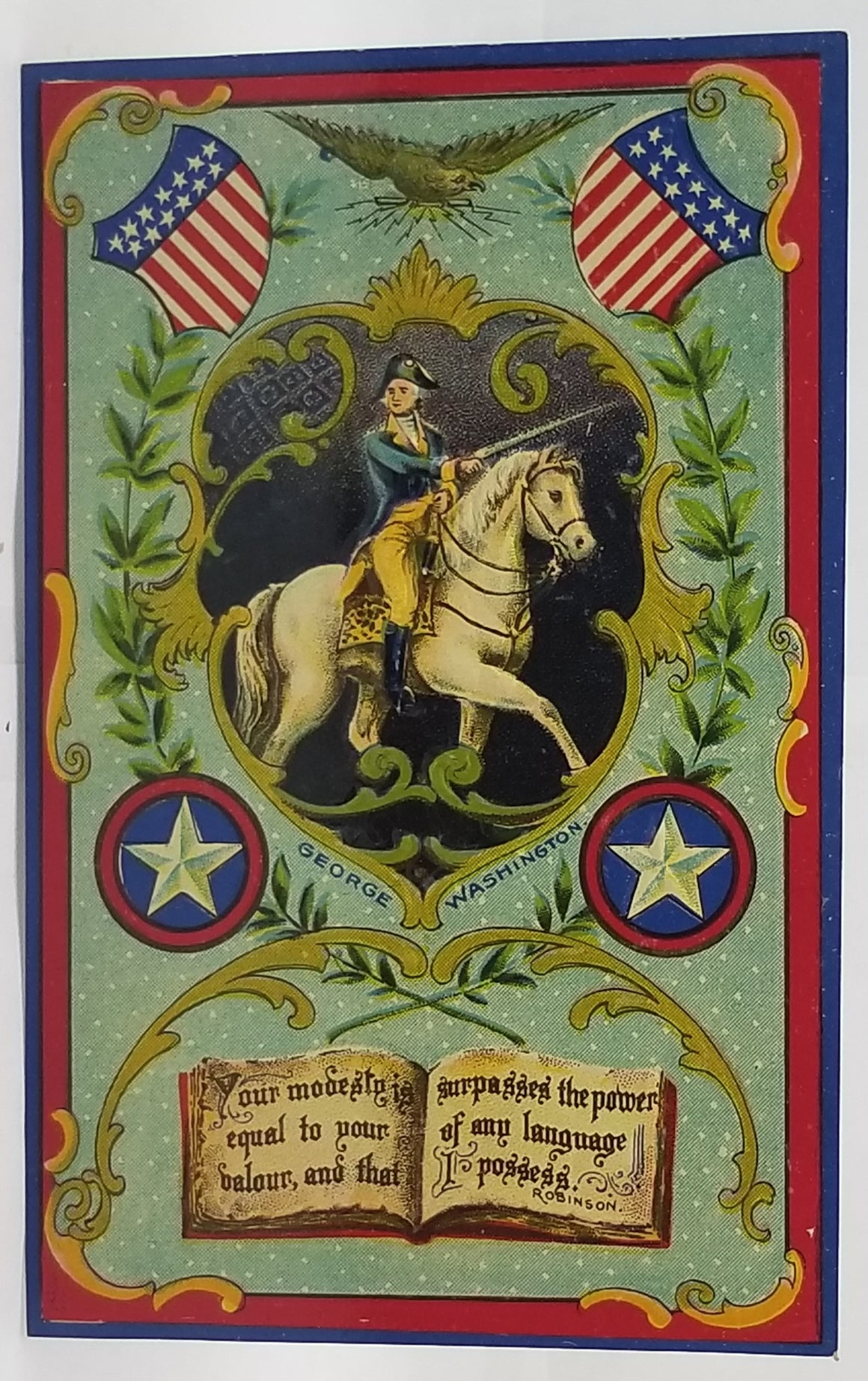 Patriotic Postcard President Washington with American Flag on Stallion Holding Sword Unused Gel Type Embossed Finish