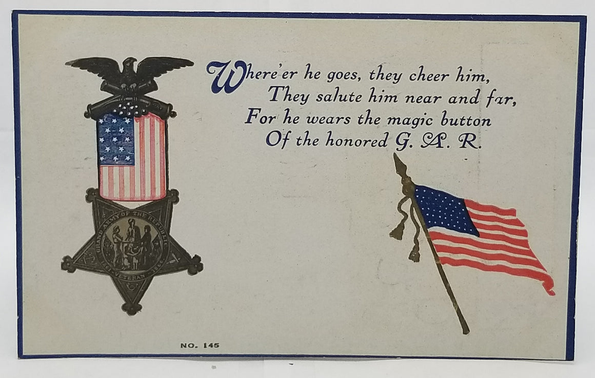 Patriotic Postcard GAR Medal Medallion US Flag with Tribute Poem Series 145 Unused