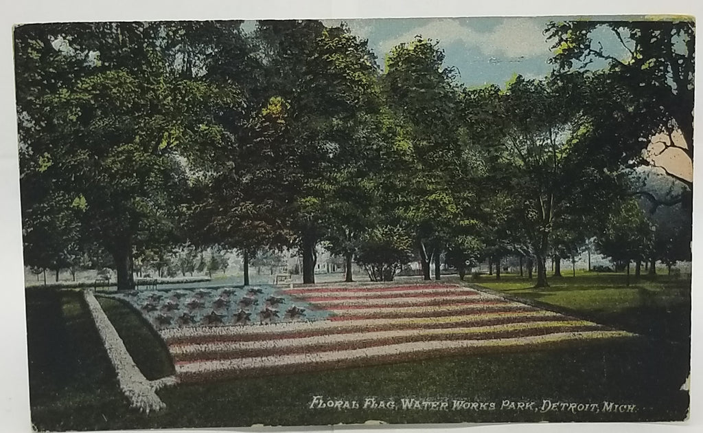 Patriotic Postcard Floral American Flag Waterworks Park Detroit Michigan 1916