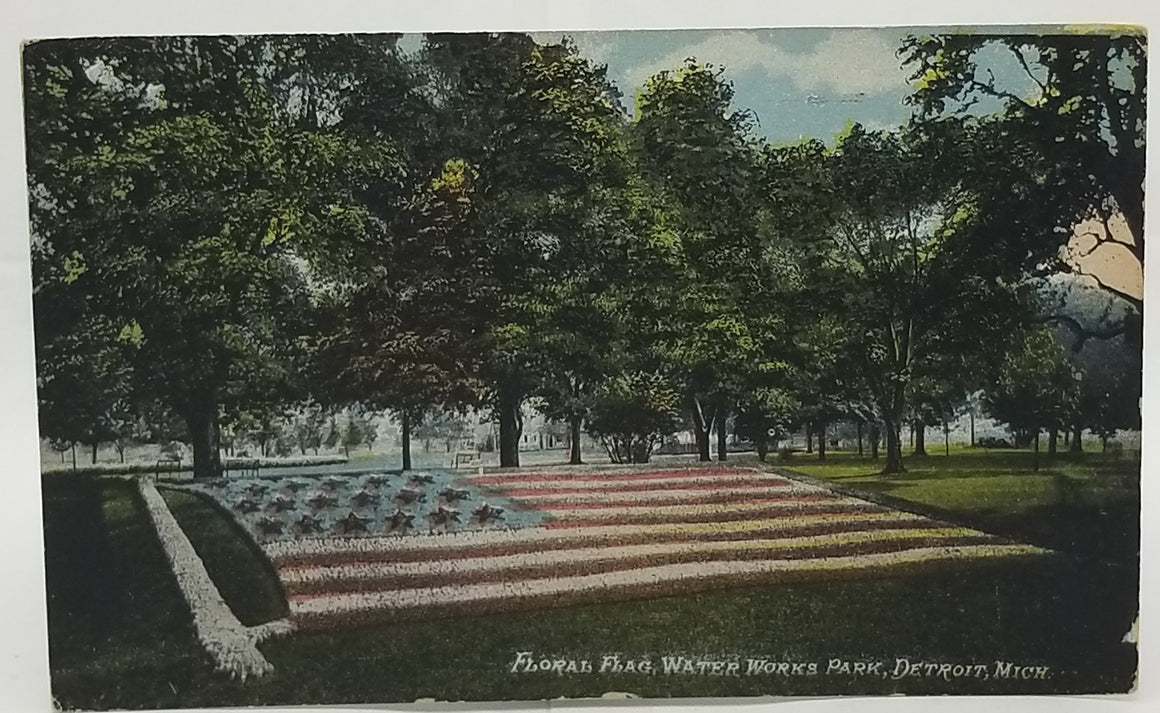 Patriotic Postcard Floral American Flag Waterworks Park Detroit Michigan 1916