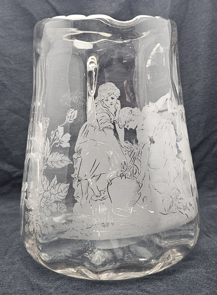 Maryland Acid Etched Glass Pitcher "Women at the Spring" Artist George Truog