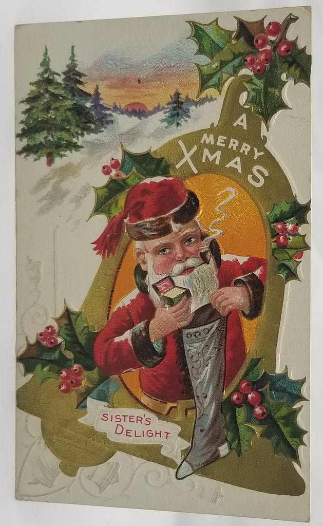 Christmas Postcard Santa Claus Smoking Pipe Filling Stocking with Gold Bell White Winter Background Christmas Delight Series