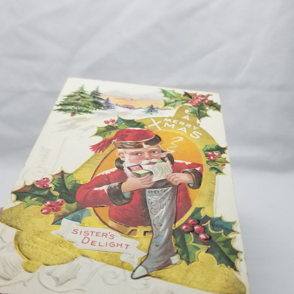 Christmas Postcard Santa Claus Smoking Pipe Filling Stocking with Gold Bell White Winter Background Christmas Delight Series