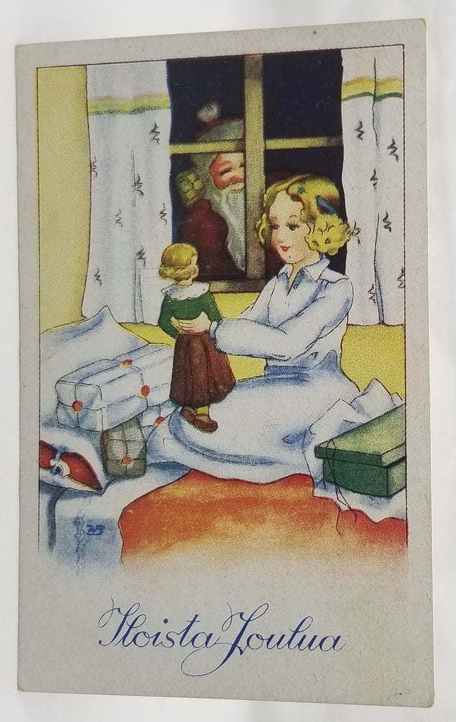 Christmas Postcard Finnish Greetings Santa Claus Smiling Through Window as Little Girl Hugs Her Doll