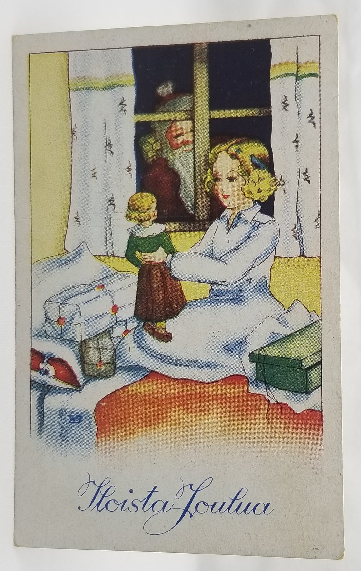 Christmas Postcard Finnish Greetings Santa Claus Smiling Through Window as Little Girl Hugs Her Doll