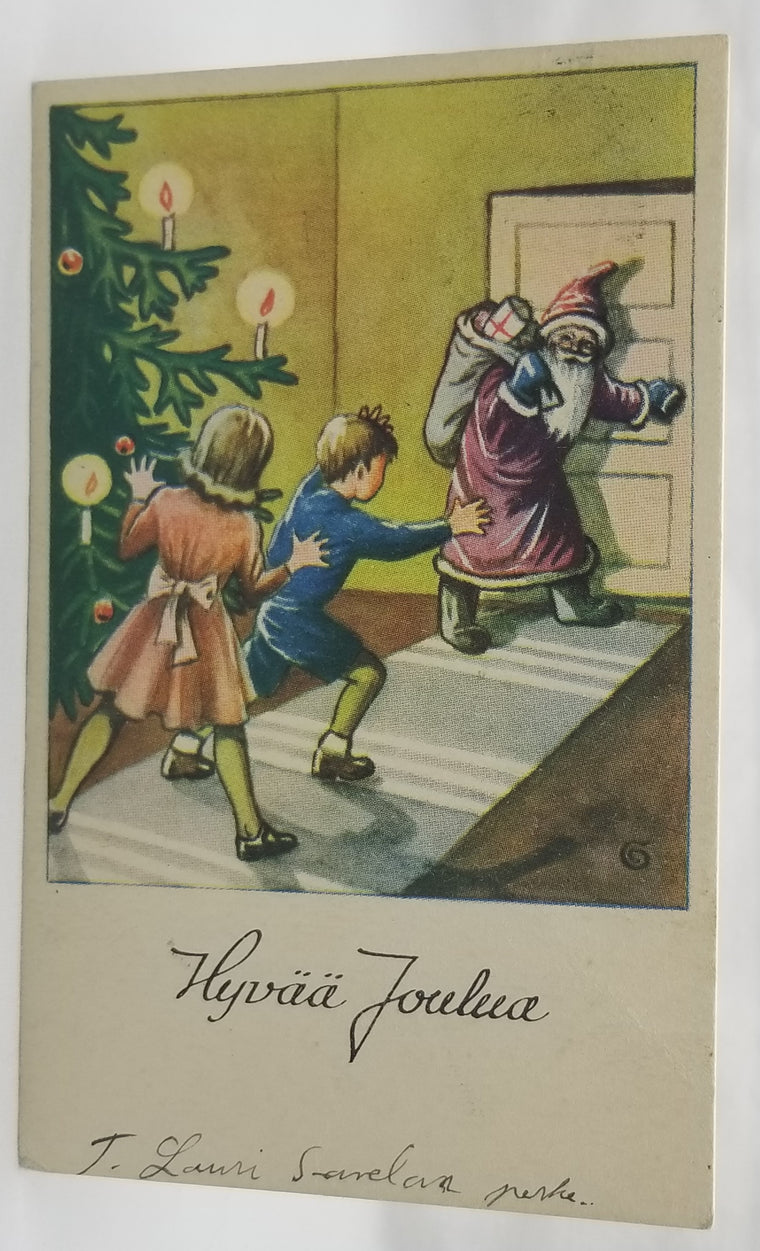 Christmas Postcard Finnish Greetings Santa Claus Escaping Through Door as Children Chase Him Near Tree